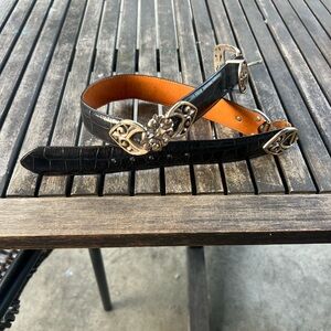 Brighton Black and Tan Belt with Silver Floral Buckle Vintage 1994